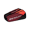 The Dunlop CX Performance 8 Badminton Racket Bag showcases a striking black and red design, equipped with multiple compartments, ergonomic shoulder straps for comfort, and a bold white Dunlop logo on the side.