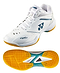 The Yonex Power Cushion 65Z4 Women’s Badminton Shoes in white feature blue and yellow accents, a patterned yellow-green sole for grip, and are ideal for advanced players. Shown from the side and bottom views.