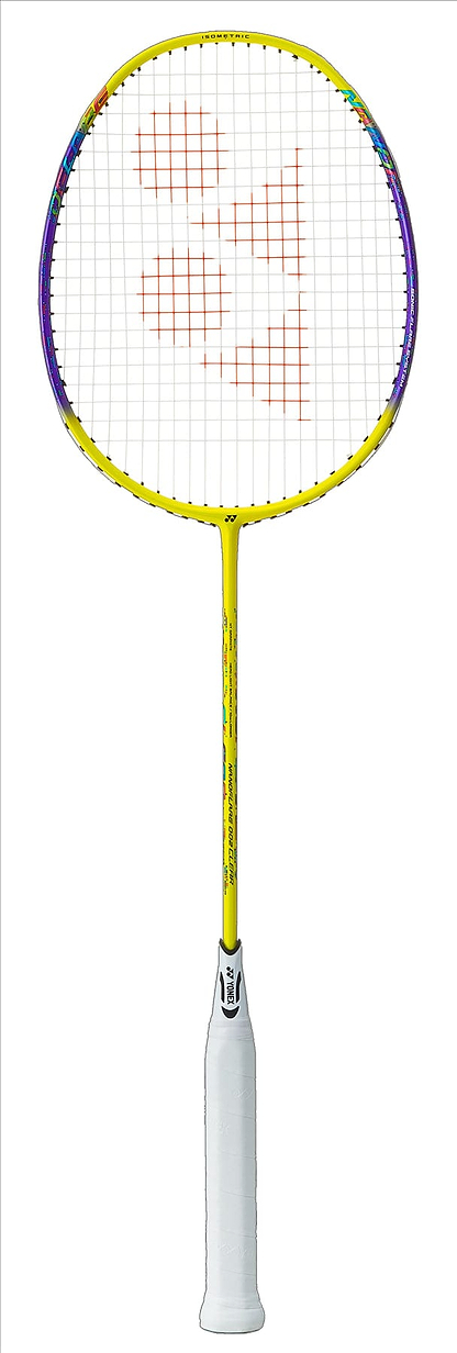 The Yonex Nanoflare 002 Clear 4U Badminton Racket - Yellow features ISOMETRIC™ technology, a white grip with colorful accents on its slim, sleek frame for performance, and a striking red logo on the string bed, making it an eye-catching choice on the court.