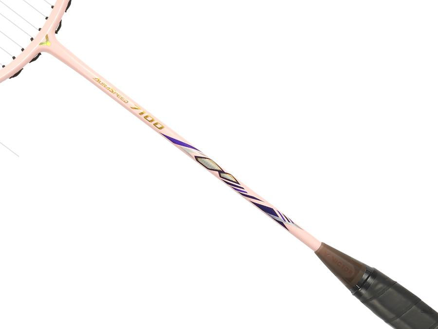 A close-up of the Victor Auraspeed 7100 4U Badminton Racket in pink, featuring purple and yellow geometric designs—perfect for beginners seeking a stylish racket from Victor.