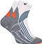 The Victor Indoor Explosion Badminton Socks (2 Pack) feature a white upper, grey textured foot, orange heel and toe accents, a small black Victor logo near the top, and supportive ribbing—perfect for indoor badminton.