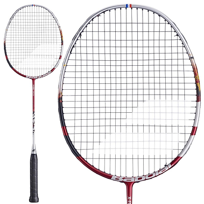 The Babolat X-Feel Origin 2026 3U Badminton Racket by Babolat is shown in white and red, with a black handle and close-up of the racket head. Its string pattern delivers enhanced power on every shot.