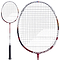 The Babolat X-Feel Origin 2026 3U Badminton Racket by Babolat is shown in white and red, with a black handle and close-up of the racket head. Its string pattern delivers enhanced power on every shot.
