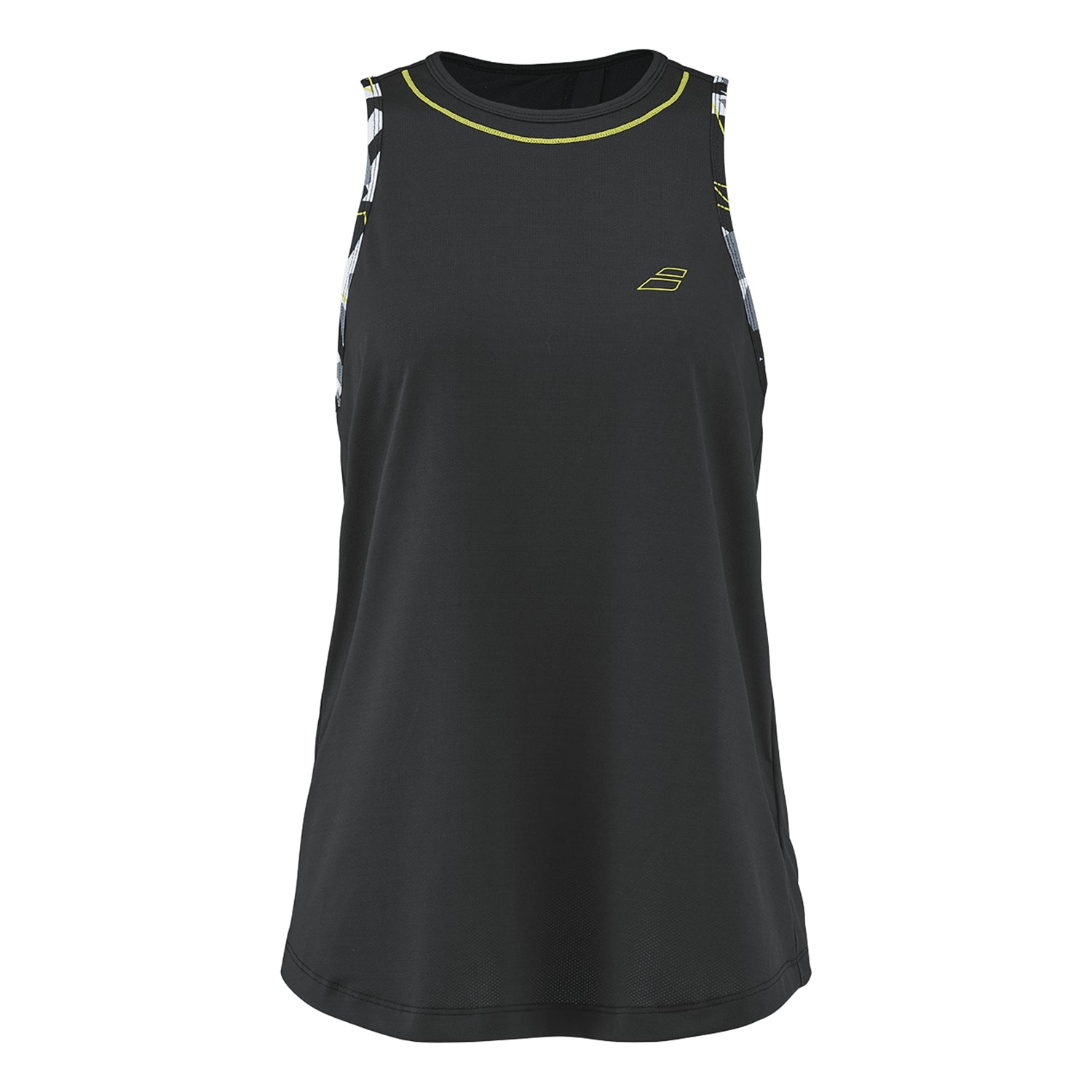 The Babolat Aero Womens Badminton Tank Top - Black is a sleeveless athletic top designed by Babolat. It features a small logo on the front and patterned white and black trim along the shoulders and neckline. Made from breathable synthetic materials with FIBERDRY technology, it is ideal for both sports activities and casual wear.