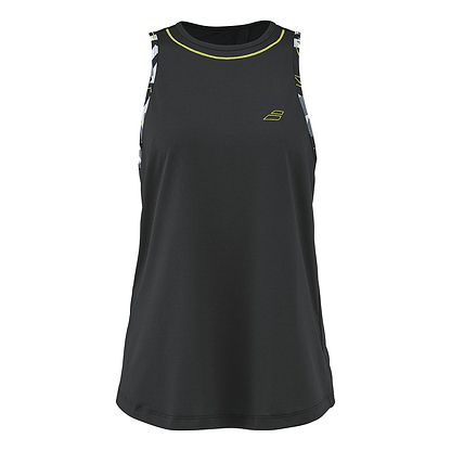 The Babolat Aero Womens Badminton Tank Top - Black is a sleeveless athletic top designed by Babolat. It features a small logo on the front and patterned white and black trim along the shoulders and neckline. Made from breathable synthetic materials with FIBERDRY technology, it is ideal for both sports activities and casual wear.