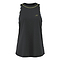 The Babolat Aero Womens Badminton Tank Top - Black is a sleeveless athletic top designed by Babolat. It features a small logo on the front and patterned white and black trim along the shoulders and neckline. Made from breathable synthetic materials with FIBERDRY technology, it is ideal for both sports activities and casual wear.
