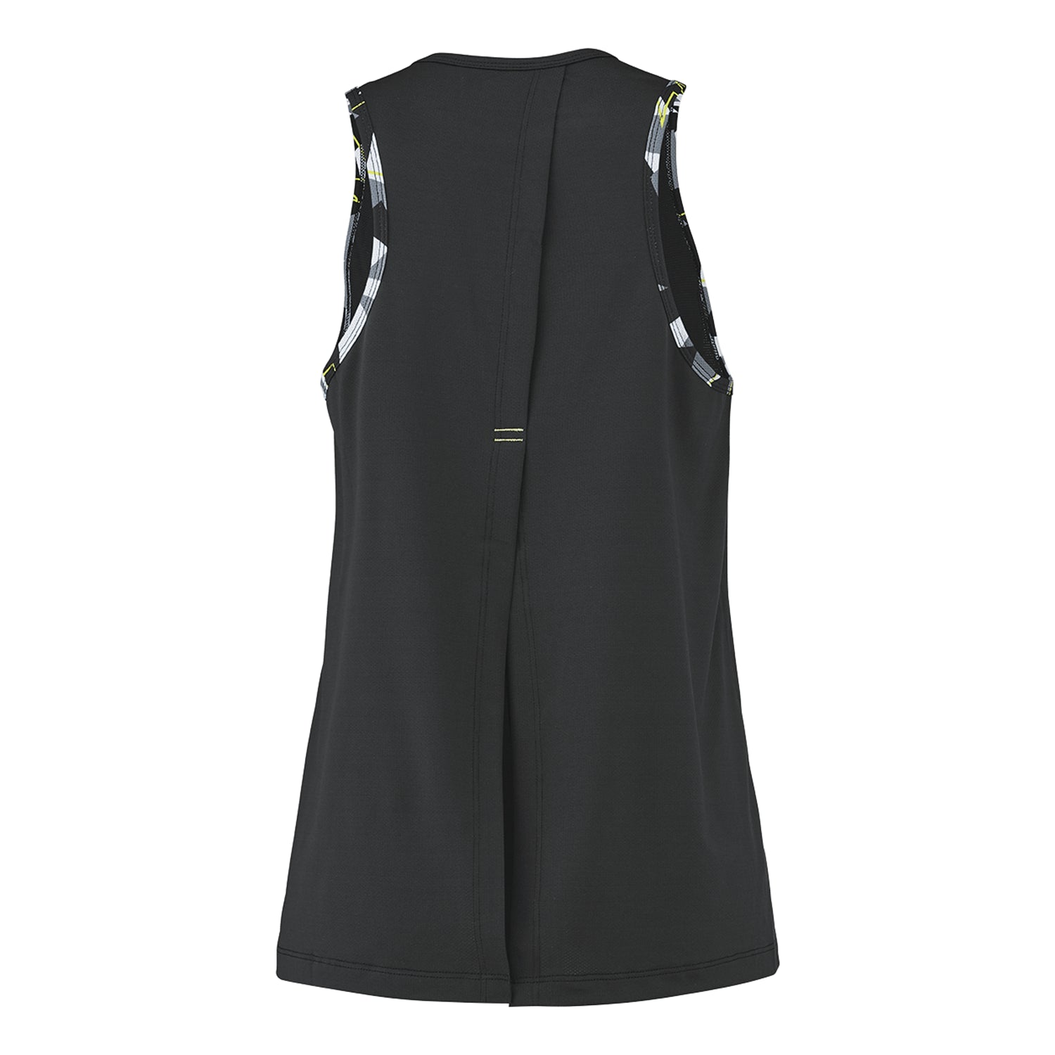 This Babolat Aero Women's Badminton Tank Top in black is a sleeveless garment made from breathable synthetic materials. It features plaid accents along the armholes, a visible seam running down the center of the back, and slightly gathered FIBERDRY fabric, adding subtle detailing to its minimalist design.