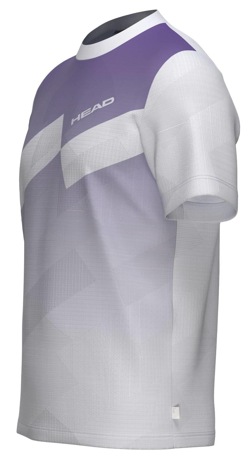 The HEAD Pro Mens Badminton T-Shirt - PUXP is a short-sleeve shirt in white and purple geometric patterns, made from breathable sportswear fabric, with the "HEAD" logo on the upper chest.