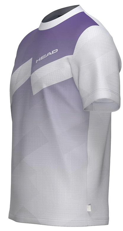 The HEAD Pro Mens Badminton T-Shirt - PUXP is a short-sleeve shirt in white and purple geometric patterns, made from breathable sportswear fabric, with the "HEAD" logo on the upper chest.