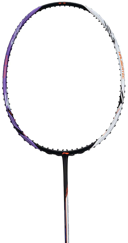 A close-up of the Li-Ning Halbertec 5000 3U Badminton Racket in white and purple, featuring a High Modulus Graphite frame. The unstrung racket is shown vertically against a plain white background.