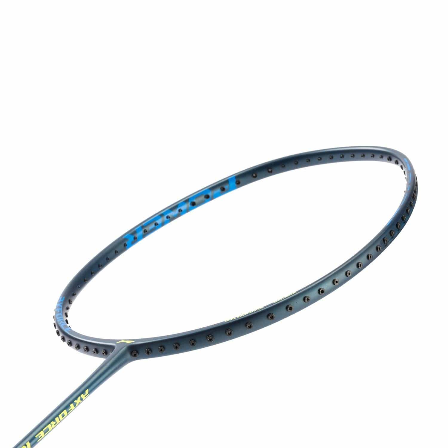 Close-up of a sleek Li-Ning Axforce 10 4U Badminton Racket in indigo, featuring a circular frame with missing black strings. The slight curve highlights its craftsmanship and modern design, enhanced by the dynamic Sonic Boom System.