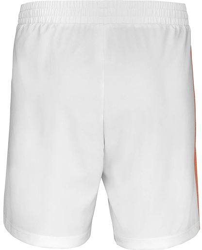 Back view of Babolat Play Mens Badminton Shorts - White / White by Babolat, featuring an elastic waistband and vertical orange stripe. Made from recycled polyester for comfort and style on the court.
