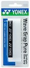 The Yonex AC108WEX Wave Grap Pure Badminton Overgrip in white comes in packaging with blue, green, and black accents. A clear window displays the grip, emphasizing Yonex branding and its non-slip, precision performance.