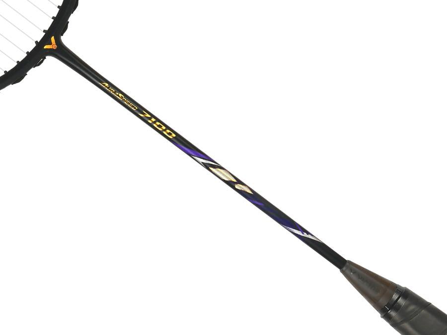 Close-up of the Victor Auraspeed 7100 4U Badminton Racket by Victor, in black, highlighting part of the handle and strings against a white background.