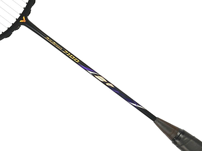 Close-up of the Victor Auraspeed 7100 4U Badminton Racket by Victor, in black, highlighting part of the handle and strings against a white background.