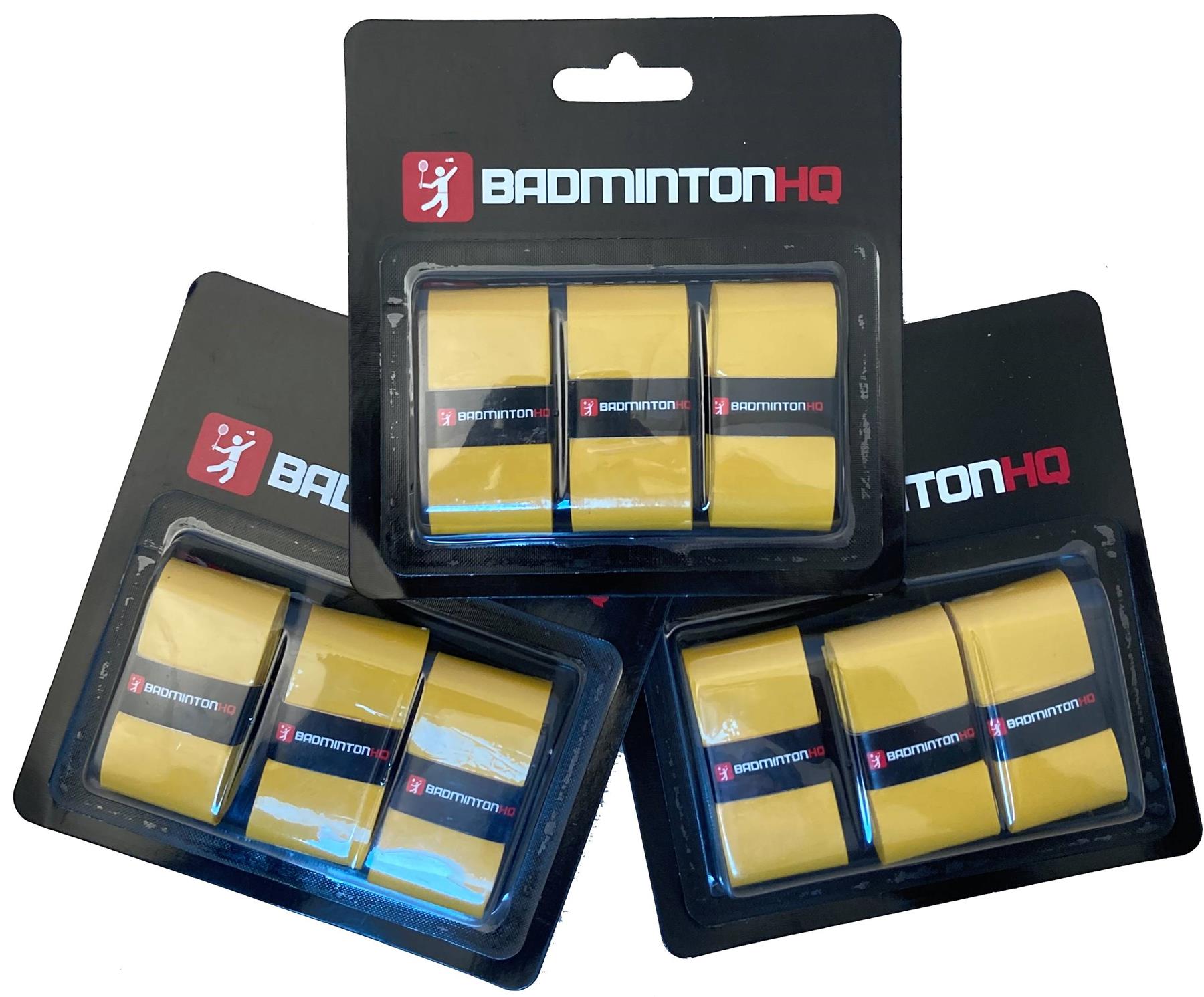 BadmintonHQ 3 Pack Badminton Overgrips in Sunset Yellow—each pack includes three sweat-absorbing overgrip strips in black casing with branded labels and cardboard backing, perfect for your racket.
