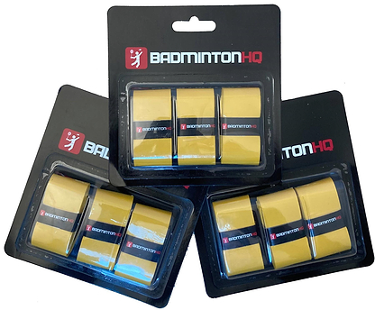 BadmintonHQ 3 Pack Badminton Overgrips in Sunset Yellow—each pack includes three sweat-absorbing overgrip strips in black casing with branded labels and cardboard backing, perfect for your racket.