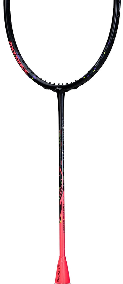The Li-Ning Axforce 40 3U Badminton Racket in black/red features a circular head and slim shaft, made from TB Nano Carbon Fibre, and is shown against a white background.