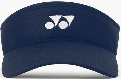 The Yonex 40126EX Badminton Visor in navy blue features a white geometric logo at the front center. Made from breathable polyester by Yonex, it offers visible stitching on the brim and band for durability and style.