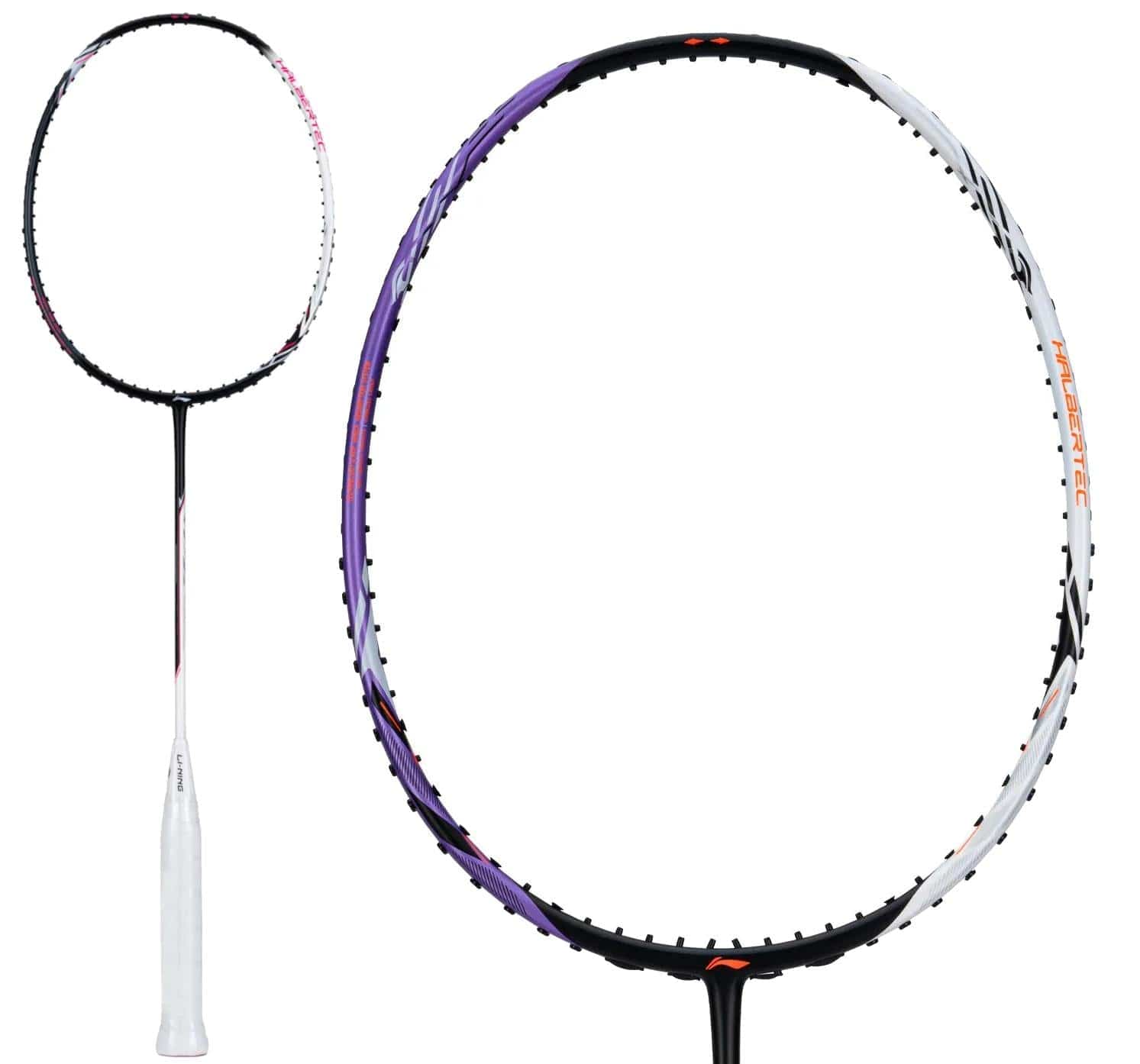 The Li-Ning Halbertec 5000 3U Badminton Racket (White/Purple) is shown in full length and close-up views, featuring a white handle, black shaft, and black, white, and purple oval frame. Made from High Modulus Graphite for superior performance.