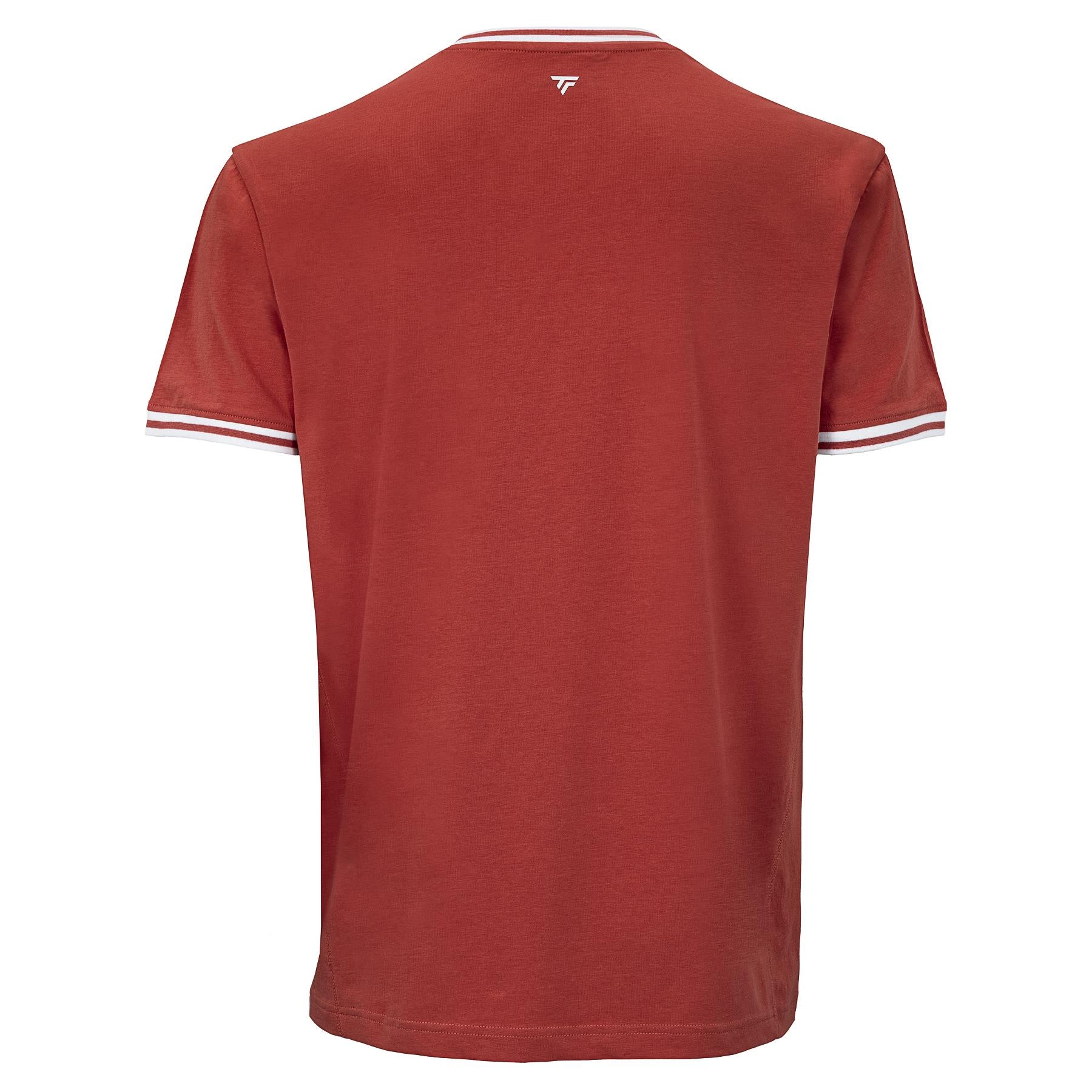 The Tecnifibre Team Stretch Men's Badminton T-Shirt in terracotta is shown from the back, featuring short sleeves, white and red striped sleeve cuffs, and a small white Tecnifibre logo near the upper neckline.