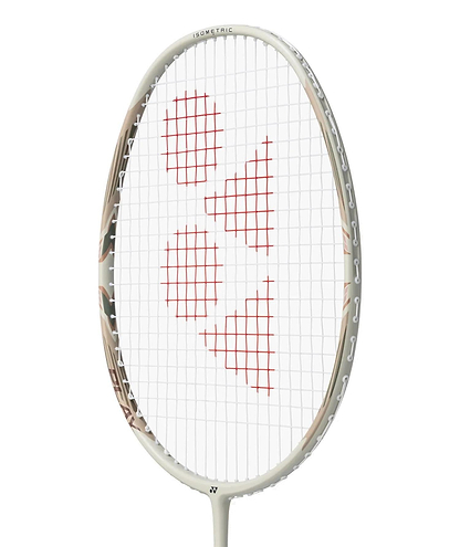 A Yonex Arcsaber 7 Play 4U Badminton Racket in light beige, featuring red strings arranged in a triangular pattern on its ISOMETRIC frame, displayed against a plain white background.