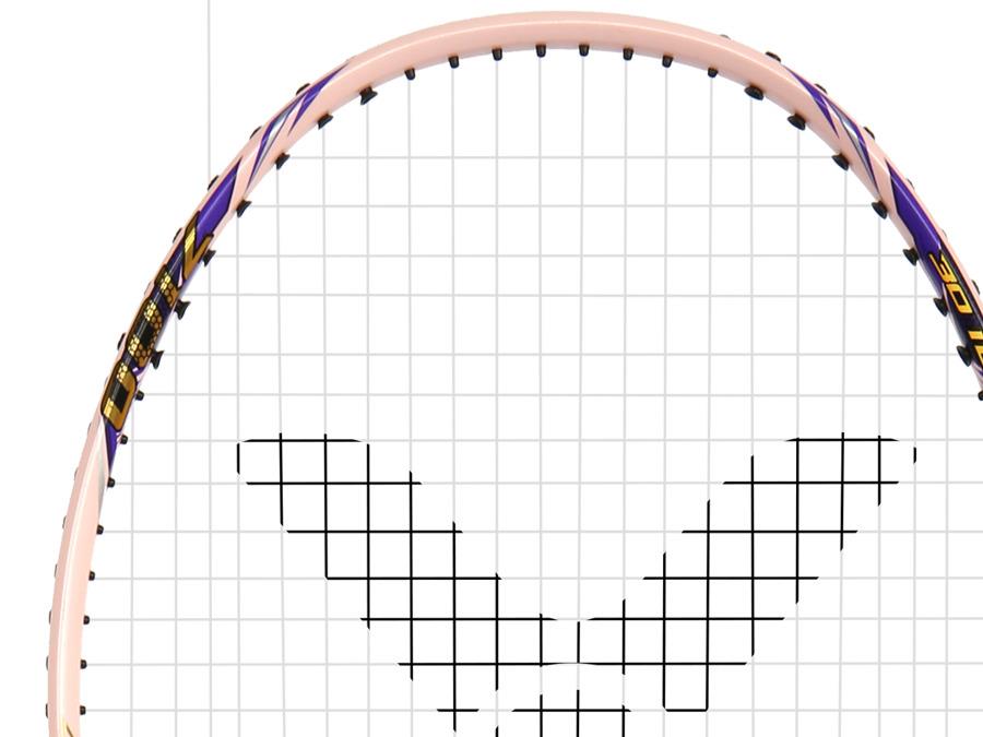 Close-up of the Victor Auraspeed 7100 4U Badminton Racket by Victor, featuring a pink and purple frame with white strings and a black "V" pattern—great for beginners.