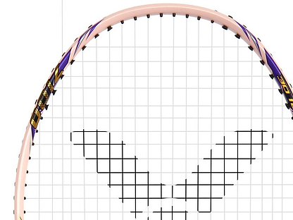 Close-up of the Victor Auraspeed 7100 4U Badminton Racket by Victor, featuring a pink and purple frame with white strings and a black "V" pattern—great for beginners.