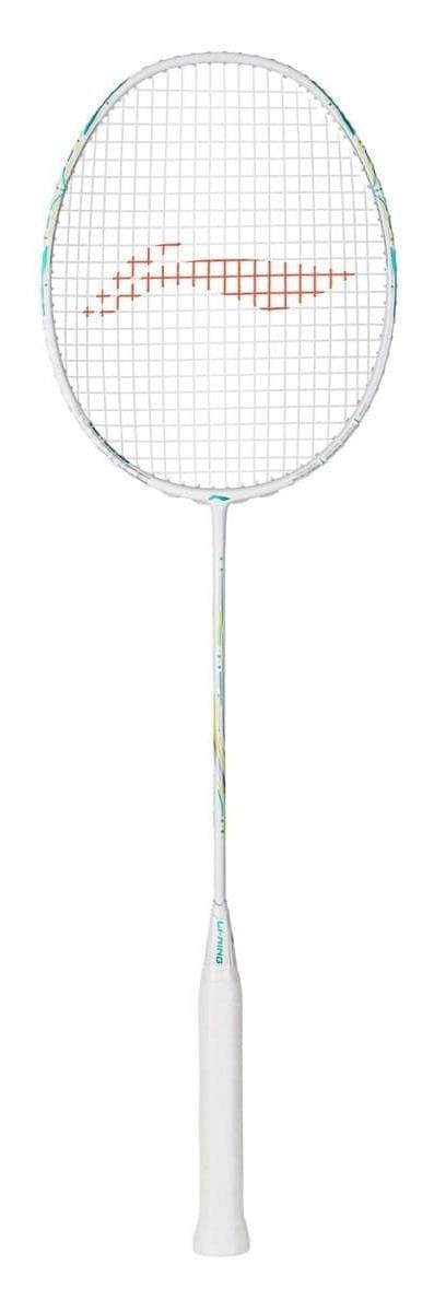 The Li-Ning Axforce 60 5U Badminton Racket - Pearl White features a round head, white grip, tightly strung strings with FRTP technology, and is shown against a plain white background.