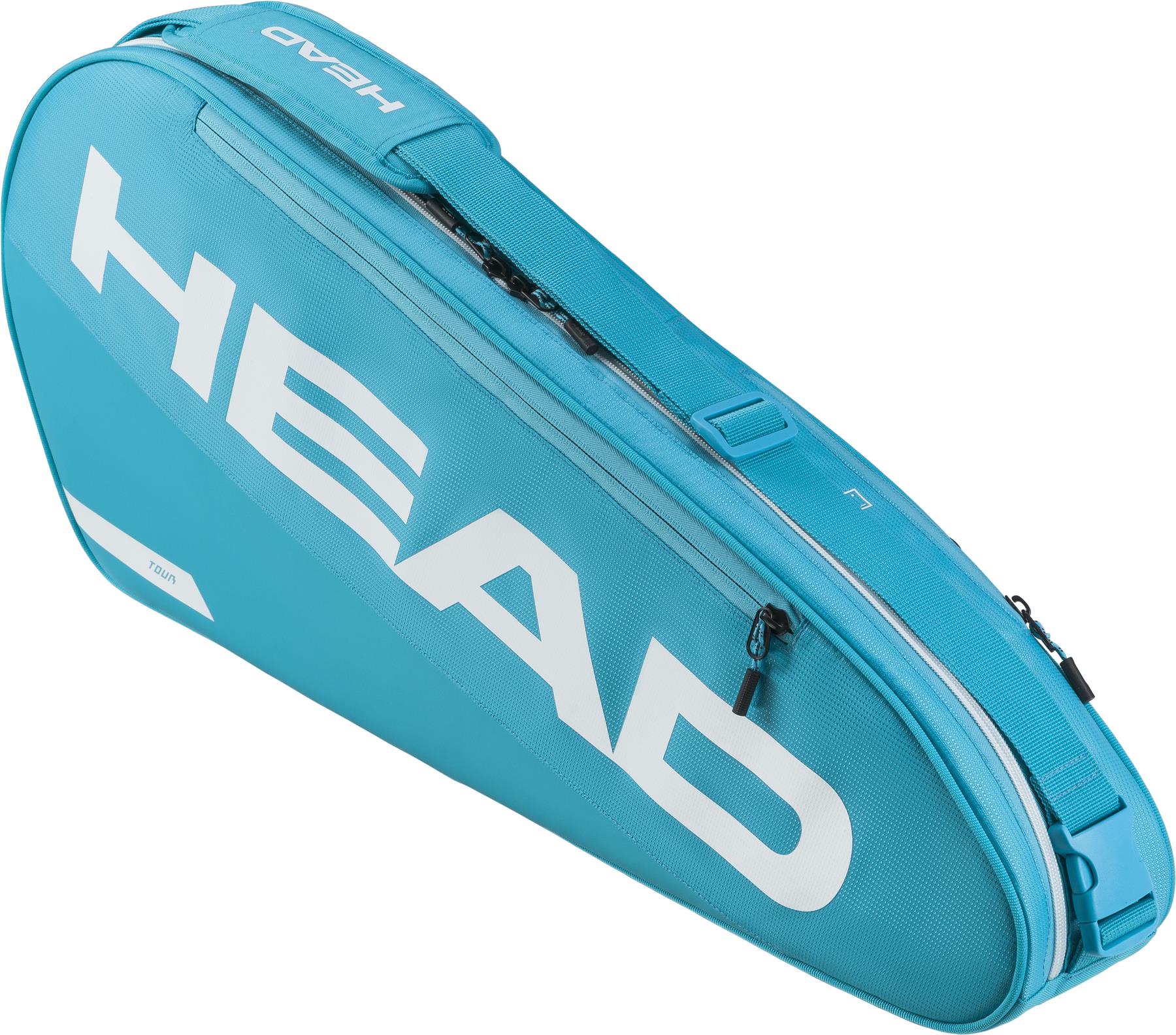 The HEAD Tour 3 Racket Badminton Bag S - Blue features a large white HEAD logo, zippered compartments, and a padded top handle.