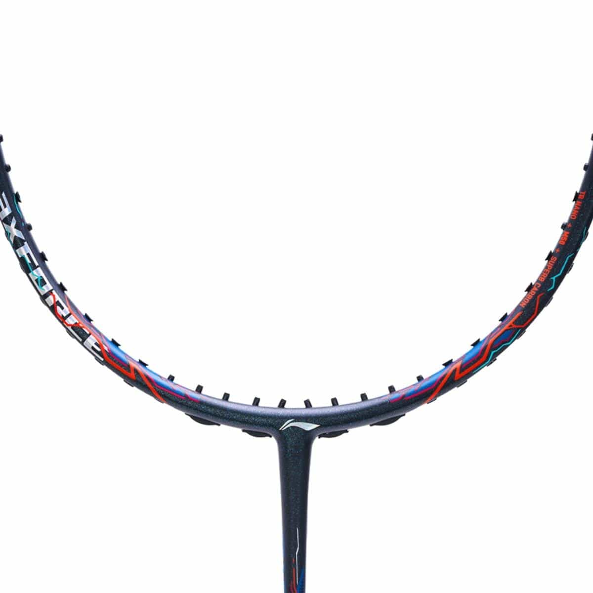 Close-up of a Li-Ning Axforce 90 Tiger Max 4U Badminton Racket frame, highlighting its colorful design and strings' tension holes. Crafted for advanced players, the frame boasts vibrant red, blue, and black accents with prominent branding along the rim.