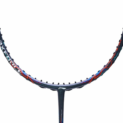 Close-up of a Li-Ning Axforce 90 Tiger Max 4U Badminton Racket frame, highlighting its colorful design and strings' tension holes. Crafted for advanced players, the frame boasts vibrant red, blue, and black accents with prominent branding along the rim.