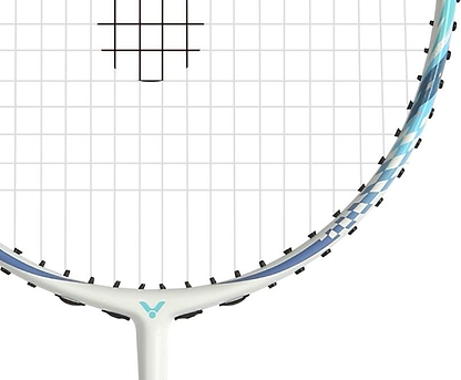 Close-up of the Victor Wrist Enhancer 140 M Training Badminton Racket in white by Victor, featuring a blue and white racket head with a grid of strings against a white background.