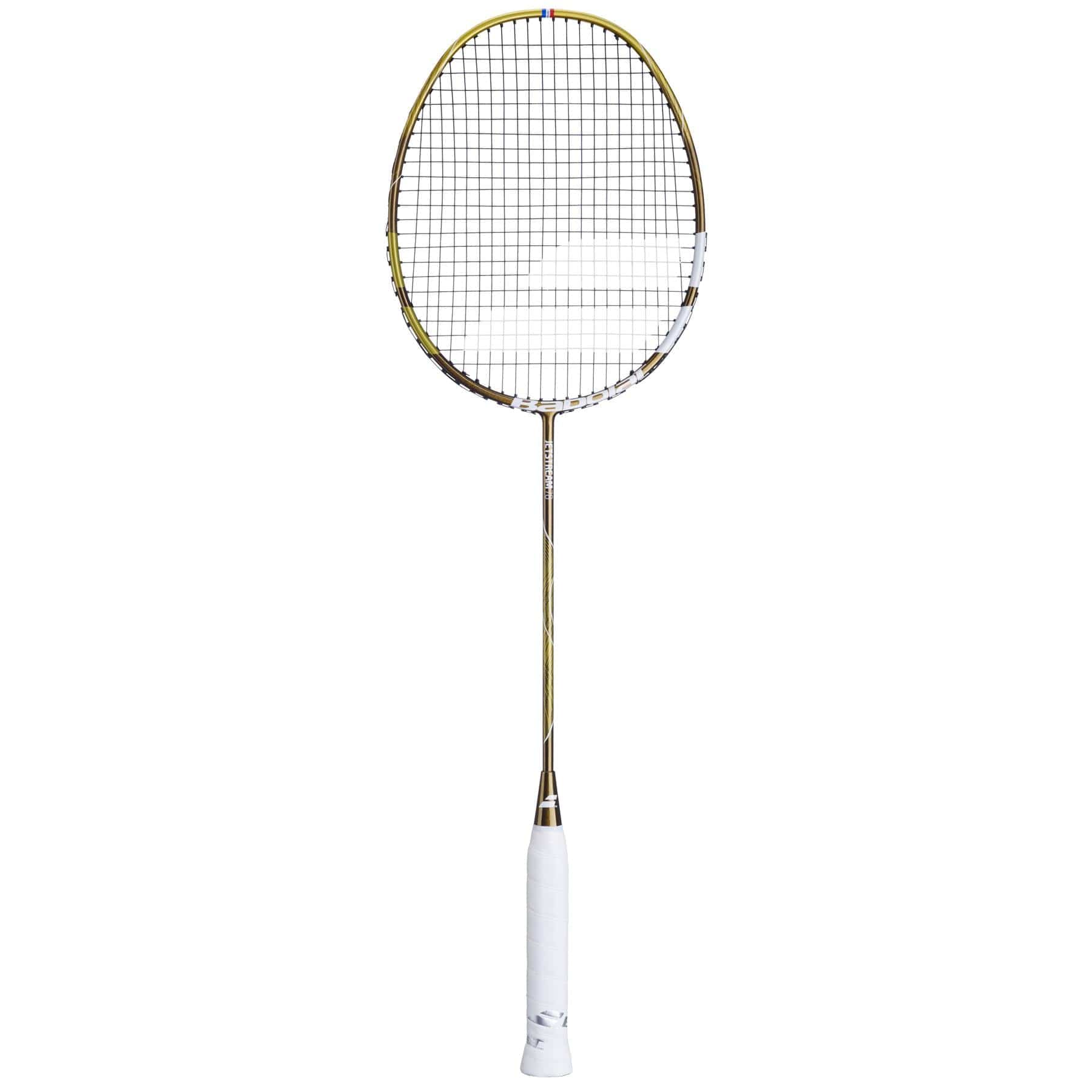 The Babolat Jetstream 78 5U Badminton Racket by Babolat is ultra-light with a metallic gold frame and white grip, offering exceptional maneuverability. It has crisscross patterned strings, a rounded head, and a slender shaft set against a plain white background.