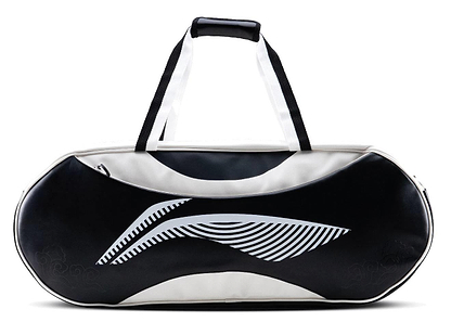 The Li-Ning Competition 6 Racket Badminton Bag in white and black is a stylish and spacious option for carrying up to six rackets, featuring a curved abstract front pattern, black handles, and a top zipper.