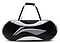 The Li-Ning Competition 6 Racket Badminton Bag in white and black is a stylish and spacious option for carrying up to six rackets, featuring a curved abstract front pattern, black handles, and a top zipper.