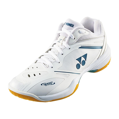 The Yonex Power Cushion 65Z4 Womens Badminton Shoes in white feature blue accents, a mesh upper, gum rubber sole, white laces, and breathable perforations. Ideal for advanced players, they display the Yonex logo on the side and heel.