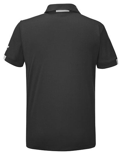The Babolat Play Men's Badminton Polo Shirt in black, made from recycled polyester, is a stylish and eco-friendly option ideal for casual outings and active play.