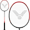 The Victor Thruster Ryuga TD C 4U Badminton Racket in black and red, featuring a black Victor logo on the strings, is displayed in full view and close-up, highlighting its Power Box technology and unique string pattern.