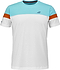 The Babolat Crew Neck Mens Badminton T-Shirt in white features a light blue upper chest, orange sleeve bands, crew neck design, and a small gray logo on the left chest—ideal for badminton fans.
