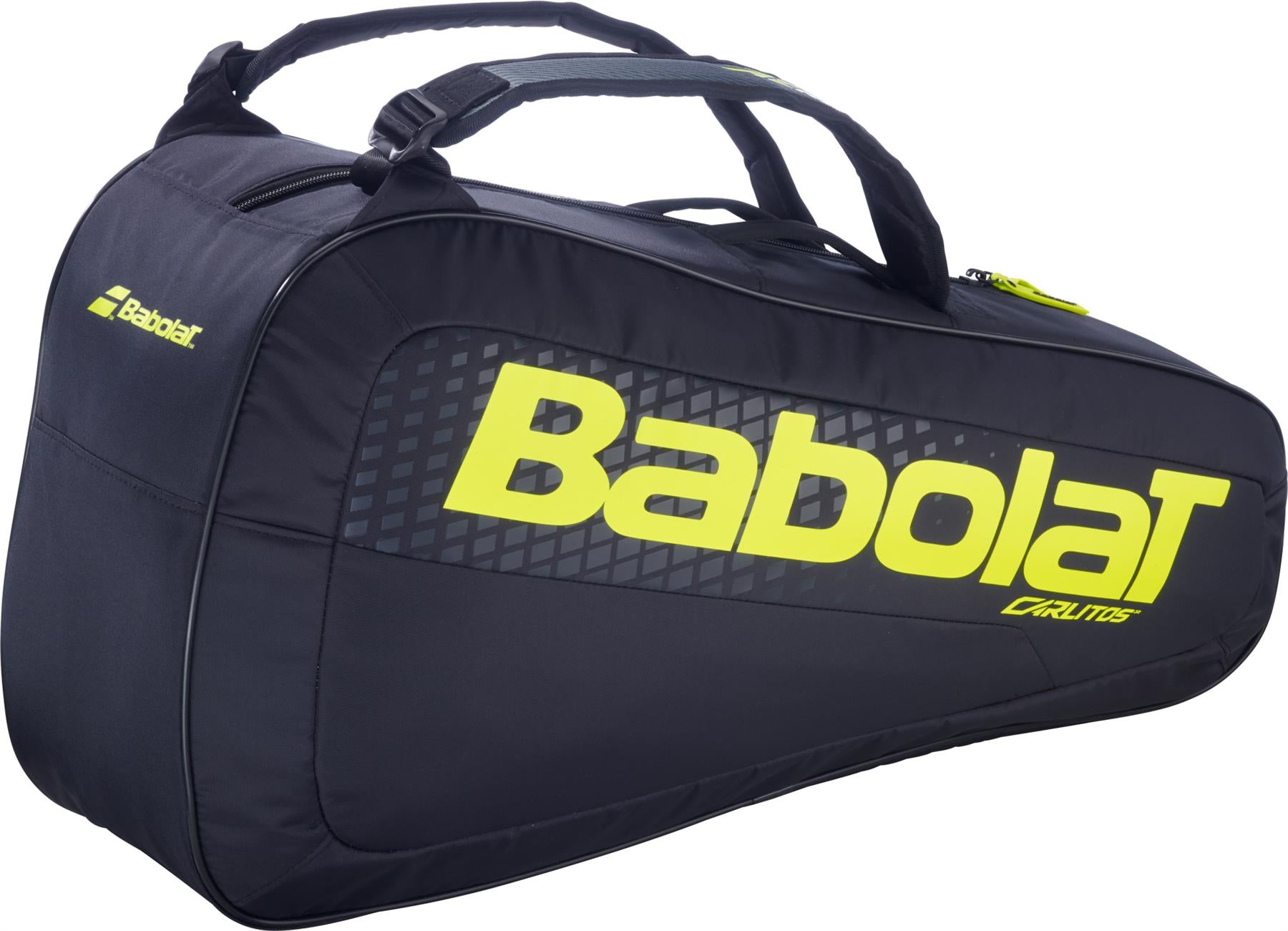 The Babolat RH Carlitos Junior 3 Racket Badminton Bag in Black/Yellow features a bright yellow logo, two black handles, and a zippered compartment—combining style and practicality for young badminton players.