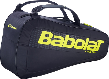The Babolat RH Carlitos Junior 3 Racket Badminton Bag in Black/Yellow features a bright yellow logo, two black handles, and a zippered compartment—combining style and practicality for young badminton players.