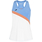 The Babolat Play Women's Badminton Tank Top is a stylish sleeveless piece with a racerback design, made from Fiber Dry polyester. It features a light blue upper, diagonal orange stripe, and white lower section, accented by a small black logo on the left chest.