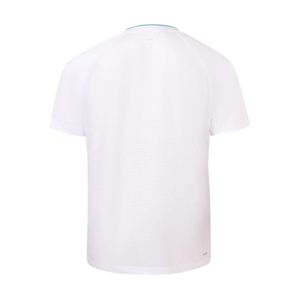 Back view of the Li-Ning Diamond Gradient Men's Badminton T-Shirt in white, featuring a subtle texture. This short-sleeve athletic shirt by Li-Ning offers moisture-wicking performance with a round neckline accented by light blue trim.