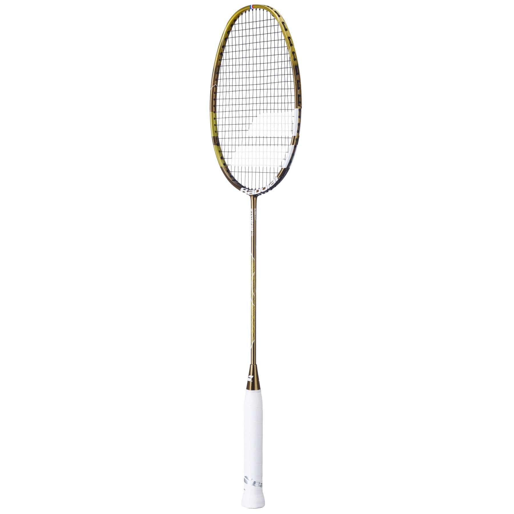 The Babolat Jetstream 78 5U Badminton Racket, by Babolat, features an ultra-lightweight design with a gold and white color scheme. It offers a thin frame for enhanced precision and boasts a classic, sleek look.