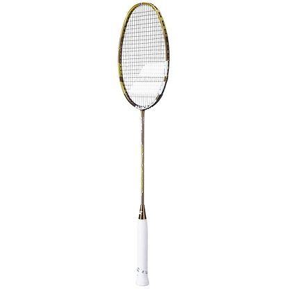 The Babolat Jetstream 78 5U Badminton Racket, by Babolat, features an ultra-lightweight design with a gold and white color scheme. It offers a thin frame for enhanced precision and boasts a classic, sleek look.