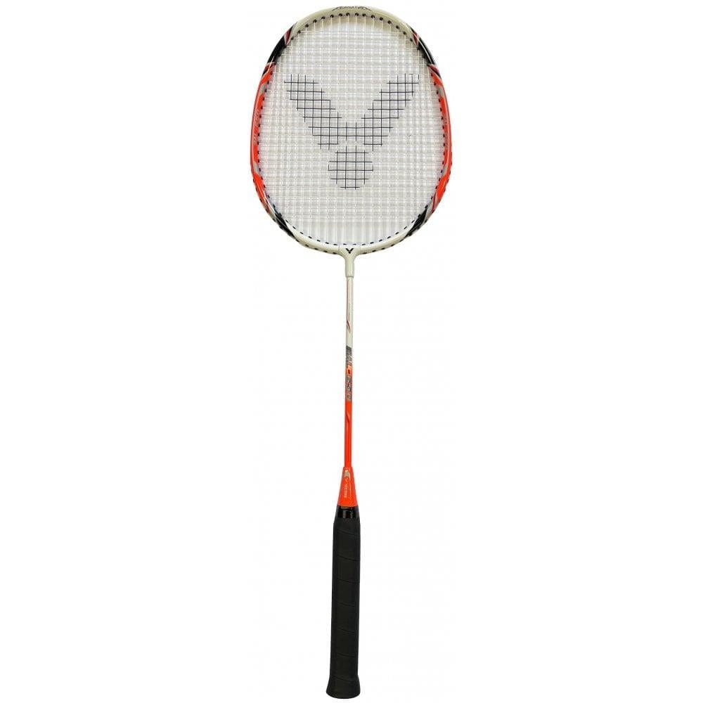 The Victor AL650 Junior Badminton Racket by Victor features an aluminium head and a white and orange frame. Its strings showcase a unique black grid pattern that forms a "V," while the handle is wrapped in black grip tape for enhanced control.