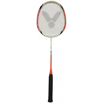 The Victor AL650 Junior Badminton Racket by Victor features an aluminium head and a white and orange frame. Its strings showcase a unique black grid pattern that forms a "V," while the handle is wrapped in black grip tape for enhanced control.