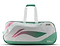 The Li-Ning Competition 6 Racket Badminton Bag in white and green features pink accents, a modern abstract design, sturdy handles, a zipper closure, and a small multicolored tag near the top right corner.