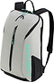 Introducing the HEAD Tour Badminton Backpack - CCTE, a stylish gray and black backpack adorned with a turquoise-accented Head logo. This backpack boasts multiple zippered compartments, including dedicated spaces for rackets and shoes, complemented by adjustable shoulder straps for enhanced convenience.